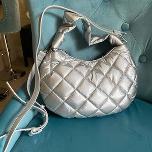 New Inc International Concepts Olivya Mini Quilted Silver Hobo Crossbody Purse.